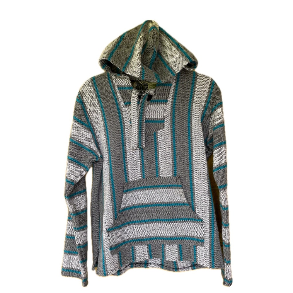 Vintage Senor Lopez Mexican Baja Hoodie Blue Turquoise Gray w/ Pocket Women’s L